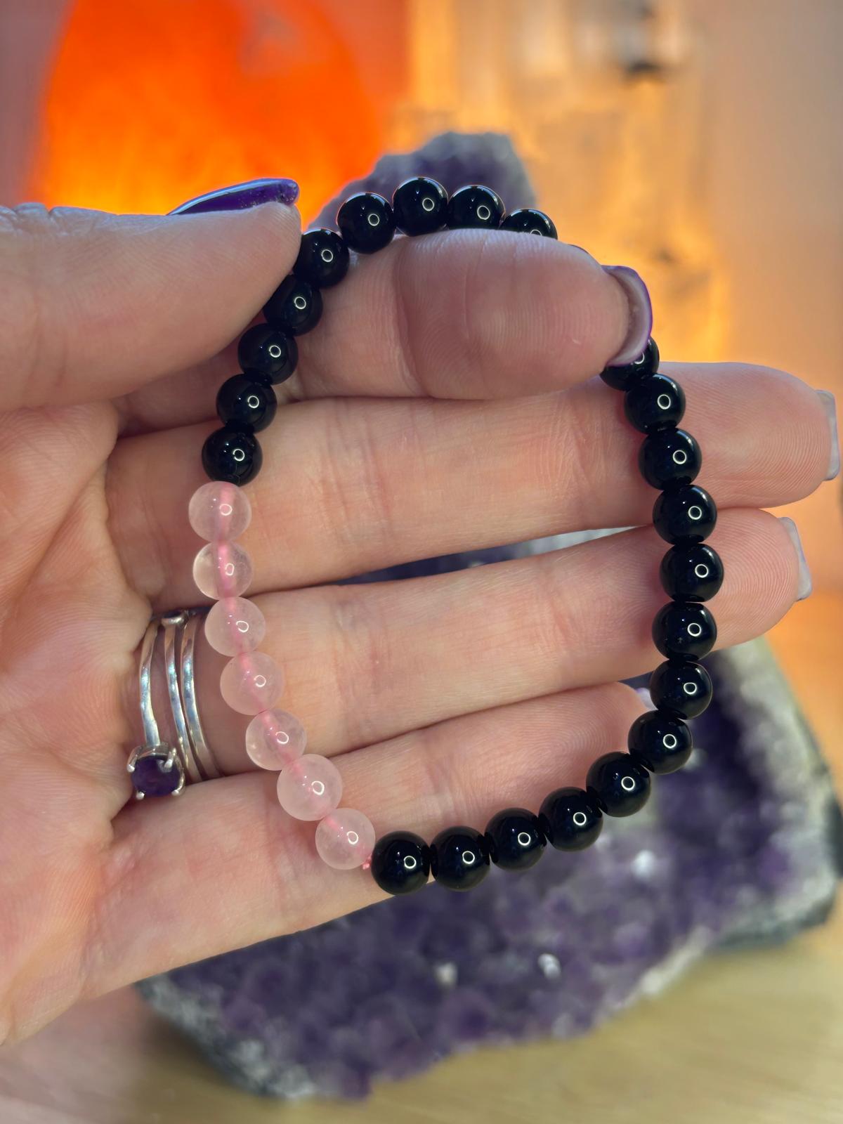 PULSERA CUARZO ROSA CON OBSIDIANA 6MM